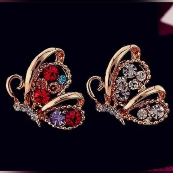 Gold Butterfly Earrings Colorful Gemstones - Picture 2 of 5
